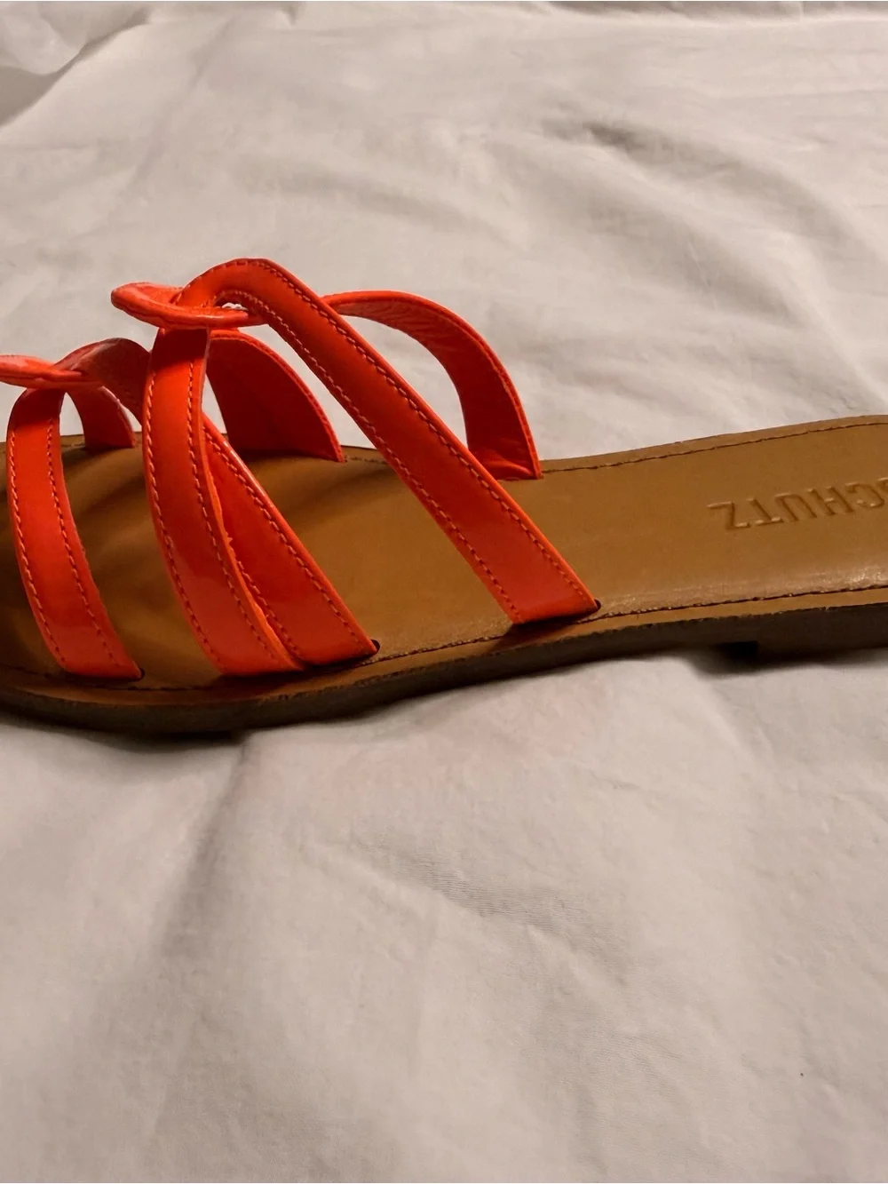 SCHUTZ Lyta Acid Orange patent Slide Sandals (159)